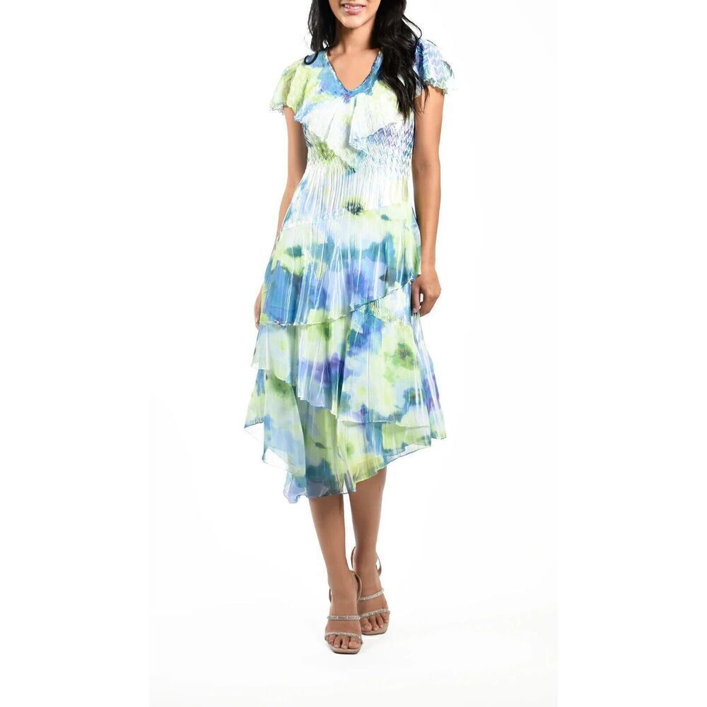 New $425 Komarov Flutter Sleeve Tiered Dress Size Large in Vivid Lime
